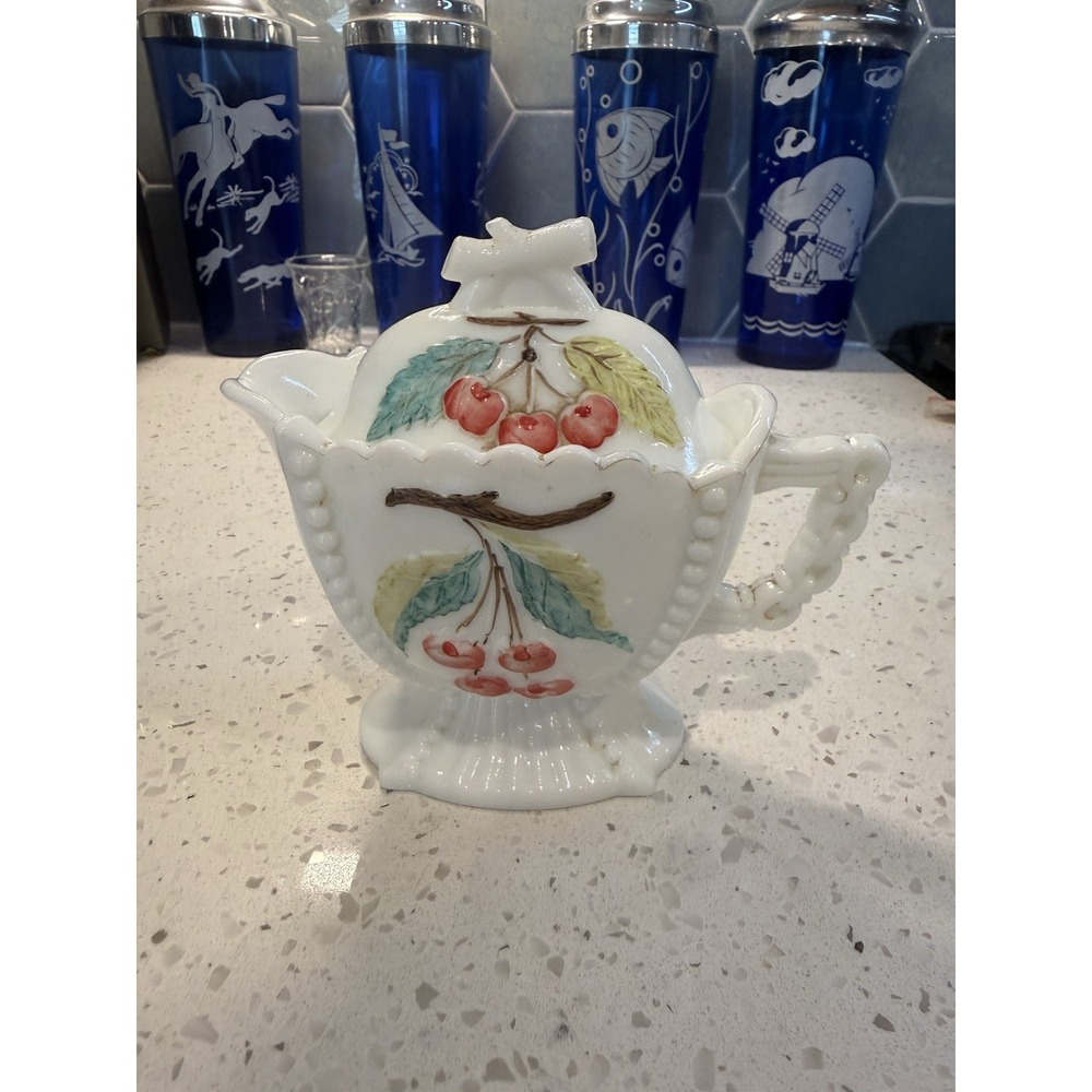 Westmoreland Milk Glass Beaded Painted Grape Cherry Covered Creamer Mid Century